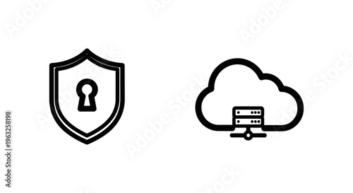 Secure access shield with keyhole and cloud server service edge black line art icons for network, data, and cybersecurity concepts
