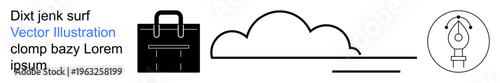 Graphic design, branding, web development, education, artistic tools, minimalistic projects. Black-and-white icons including a bag, cloud and pen nib in a circle. Graphic design and branding
