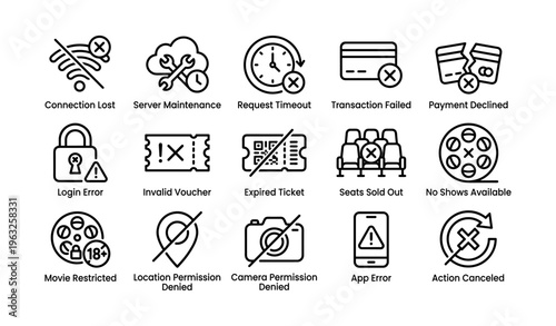 Technology error icons: connection lost, server maintenance, transaction failed