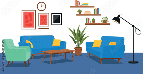 Modern living room interior with blue sofas armchair coffee table plants shelves and lamp cozy home decor vector illustration