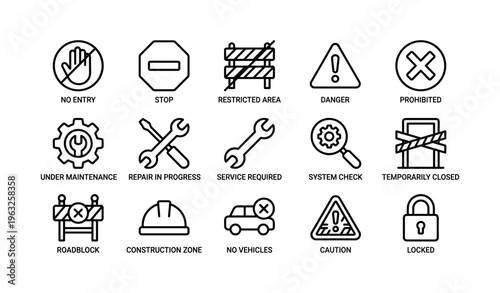 Warning and maintenance icons: no entry, stop, caution, system check, repair needed