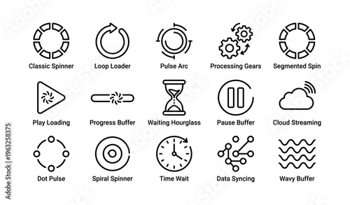 Animated loading icons set featuring spinners, buffers, hourglass, and syncing symbols