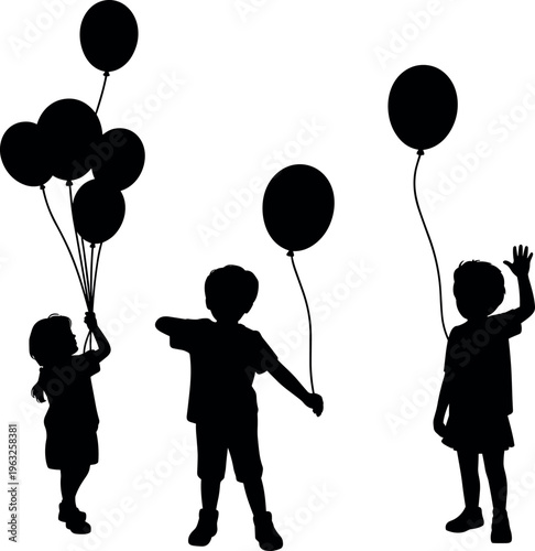 Silhouette of children holding balloons, playful kids celebrating, joyful moments of childhood happiness and innocence isolated on white background