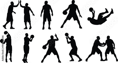 Ten black silhouettes of basketball players in dynamic poses including dribbling, shooting, passing, defending, and celebrating, arranged in rows, perfect for sports design, animation, and creative 