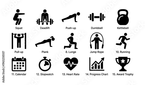 Fitness icons: squat, deadlift, push-up, dumbbell, kettlebell, pull-up, plank, lunge, jump rope, running