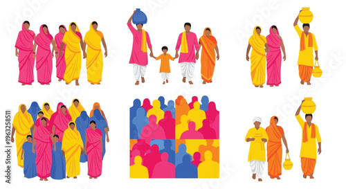 Vibrant group of Indian people in colorful traditional attire, families and individuals.