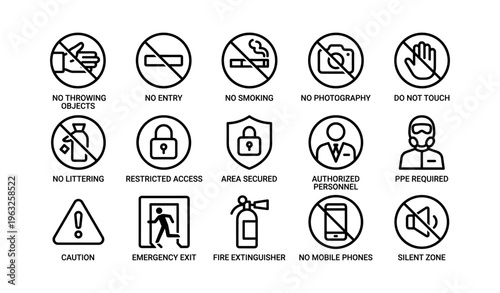 Safety signage: no smoking, no entry, emergency exit, fire extinguisher icons