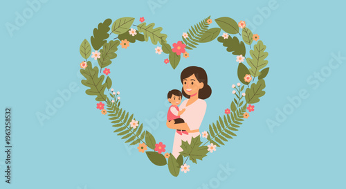 Mother and child love heart floral wreath.