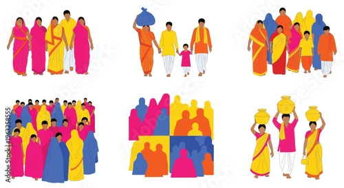 Indian families in colorful outfits, with men, women, and children, some carrying items.
