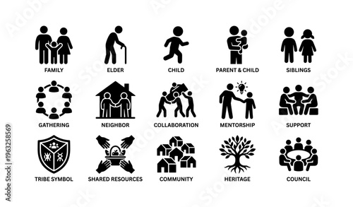 Icons representing family, community, and social connection in various contexts