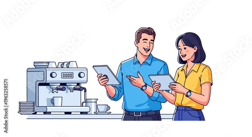 Coworkers Sharing Tablet Near Office Coffee Machine