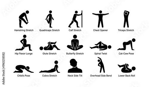 Silhouette icons of 15 stretching exercises for flexibility and fitness