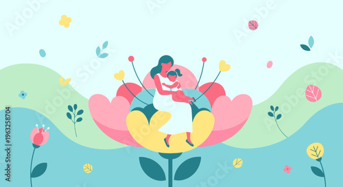 a cartoon girl sitting on a flower.