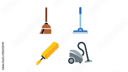 Four essential cleaning tools displayed in an organized manner