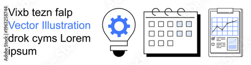 Business strategy, productivity planning, workflow optimization, project management, scheduling, data tracking. Lightbulb with gear, calendar clipboard with chart. Productivity and planning concept