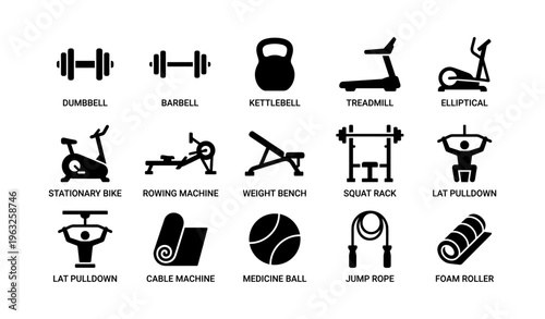 Gym equipment icons: dumbbell, barbell, kettlebell, treadmill, elliptical, stationary bike