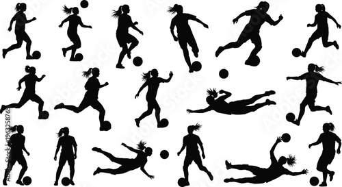 Thirty black silhouettes of female soccer players in dynamic poses including running, dribbling, kicking, and diving, perfect for sports design, animation, and creative artwork projects.