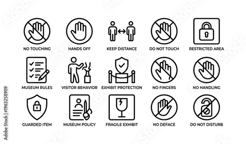Museum etiquette icons: no touching, keep distance, restricted access