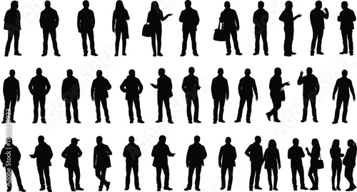 Thirty black silhouettes of people in diverse poses and interactions including standing, walking, talking, and gesturing, arranged in rows, perfect for design, animation, and creative artwork