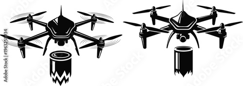 Black and white quadcopter drones carrying cylindrical payloads with unique jagged and torn edges, futuristic aerial technology illustration for branding concepts