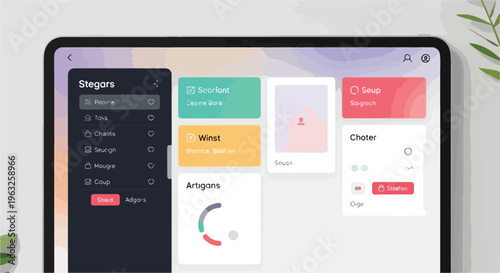 Interface showcasing menu options and data cards