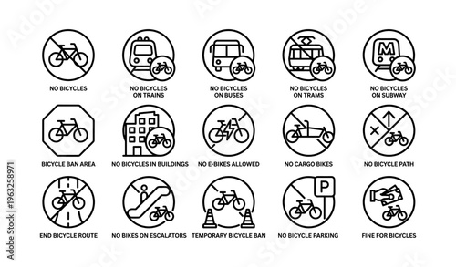 Bicycle restrictions and no-bike zones warning signs collection