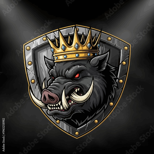 Fierce Boar King with Golden Crown on Shield Emblem, Aggressive Wild Animal Mascot