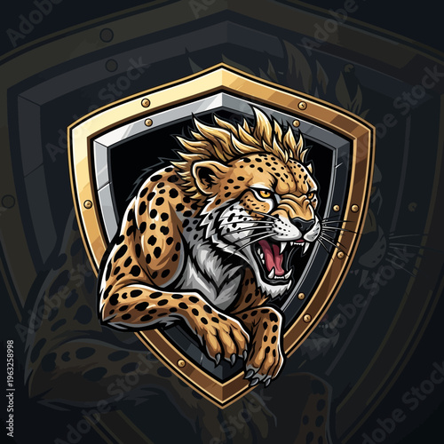 Fierce Cheetah Emblem Logo, Aggressive Wild Cat Roaring Behind Shield, Esport Mascot