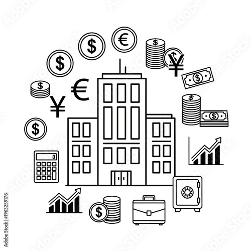 Financial Business Building with Currency Symbols, Calculator, Safe, and Briefcase