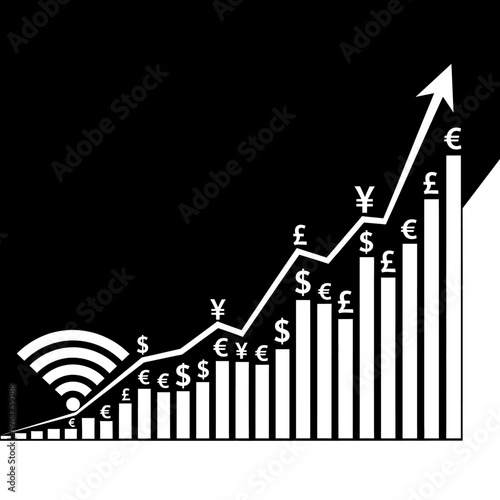 Financial Growth Chart with Currency Symbols and Wi-Fi Icon