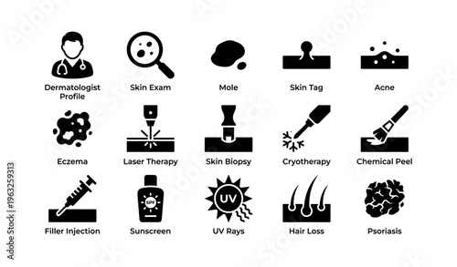 Dermatology icons featuring skin exam, acne, psoriasis, and hair loss treatments