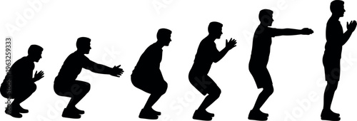 Silhouette sequence of man performing squat exercise, detailed fitness movement stages showing strength training routine isolated on white background