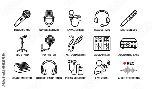 Audio equipment icons: microphones, mixers, headphones, recording