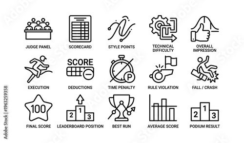 Icon set depicting various aspects of competitive judging and scoring