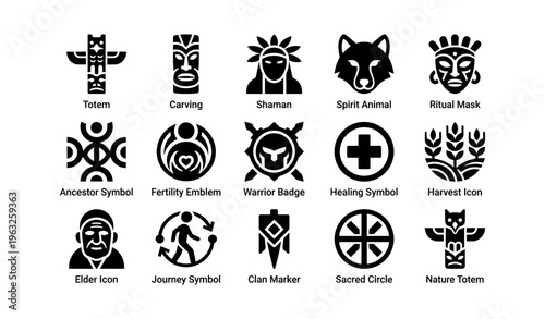 Tribal symbols: totem, shaman, spirit animal, ritual mask, ancestor icon