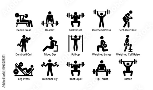 Workout icons: bench press to snatch exercises illustrated in pictograms