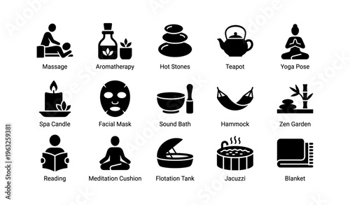 Icons of relaxation and wellness featuring spa and meditation elements