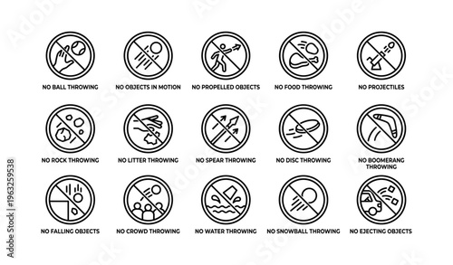 Prohibited actions signage illustrations depicting no throwing or ejecting objects