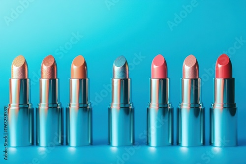 Elegant row of colorful lipstick tubes in various shades on blue background. Modern beauty and makeup product display for cosmetics marketing.