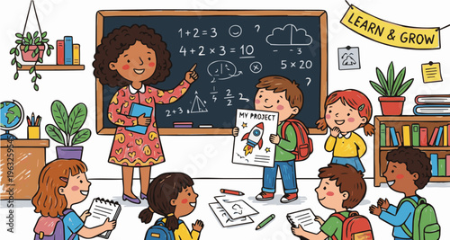 Female teacher teaching mathematics on blackboard cartoon illustration