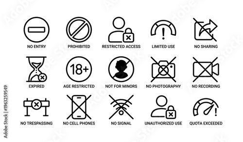 Set of 16 black and white prohibition and access restriction icons
