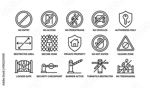 Safety and access restriction signs: no entry, no vehicles, hazard zone, security checkpoint