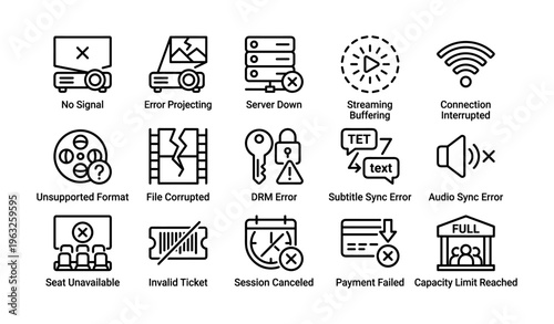 Digital interface error icons set illustrating various tech issues