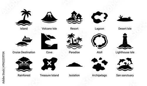 Island icons collection: resort, volcano, lighthouse, and more