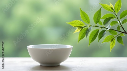 A serene white bowl sits on a table with a green leafy branch in the background on transparent background
