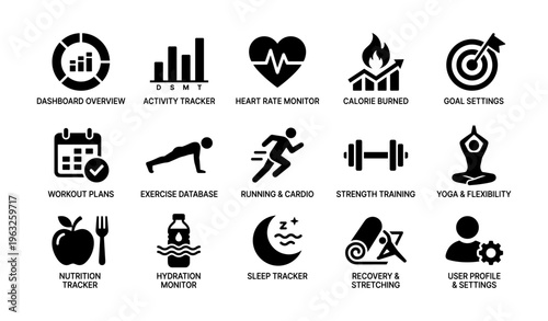 Fitness app icons for health tracking and workout management