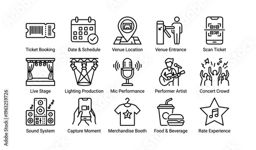 Event icons set featuring ticket booking, venue location, live stage, and concert crowd