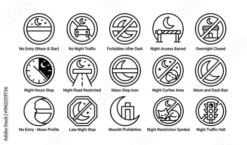 No entry icons: night traffic prohibition and curfew symbols