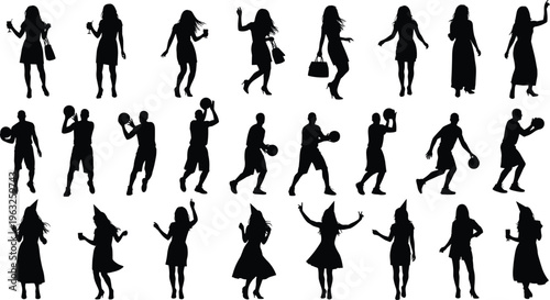 Twenty‑four black silhouettes of men and women in diverse activities including fashion poses, basketball actions, and dancing gestures, perfect for design, animation, and creative artwork projects.