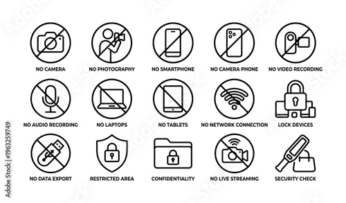 Icon set: no camera, no smartphone, no audio recording, no laptops, security
